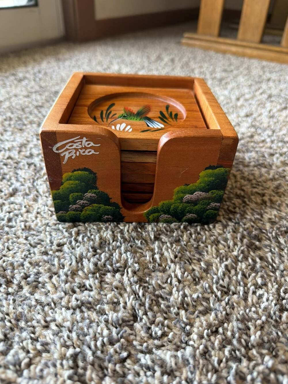 Vintage Hand Painted Costa Rica Wooden Coaster Set with Holder